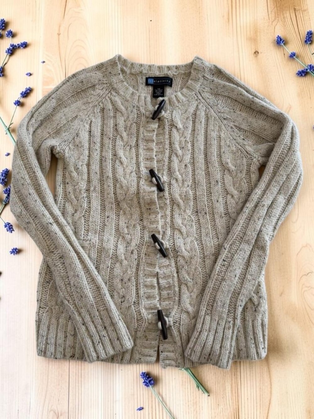 Relativity Womens PM‎ Cream Cable Knit Cardigan Toggle Wool Blend Y2K